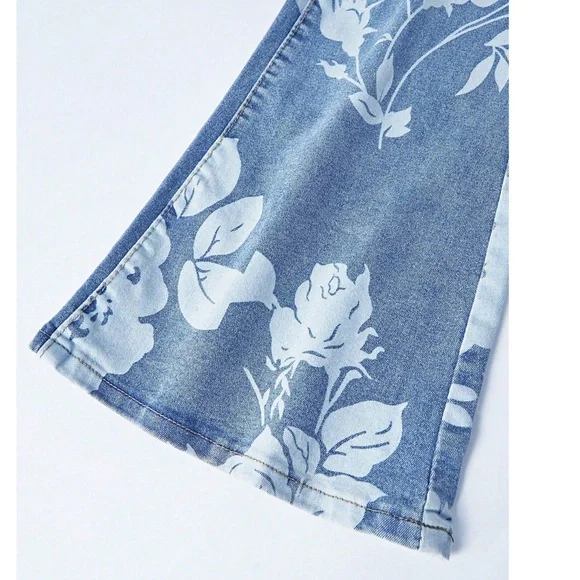 Vintage Style Floral Print Bell Bottom High Waist Denim Jeans - Picture 5 of 6